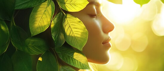 Serene woman with closed eyes surrounded by vibrant green leaves at sunset, embodying tranquility and connection with nature in soft golden light