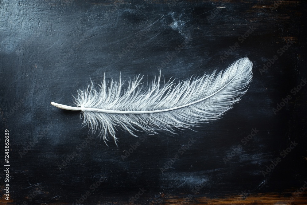 Aufkleber Elegant white feather resting on a dark wooden surface creating a striking contrast in texture and color