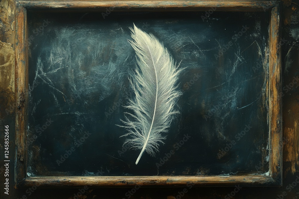 Poster Delicate white feather resting on a worn chalkboard in a rustic setting