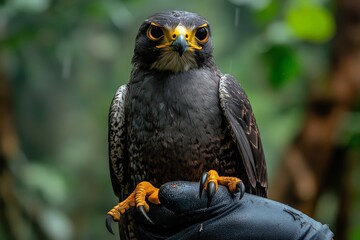 Obraz premium Falcon perched on a handler's glove in a lush forest during a cloudy day