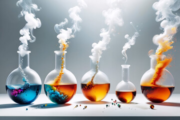   Smoking and burning bottles of chemical reagents in a chemical laboratory ,a white backgroud  laboratory setting where a beakers bubble    smoking on table 