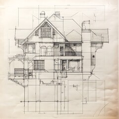 Fototapeta premium Architectural workspace with wooden desk covered in blueprints and tools image