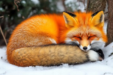 Fototapeta premium Sleepy red fox curled up in the snow during winter in a forest setting