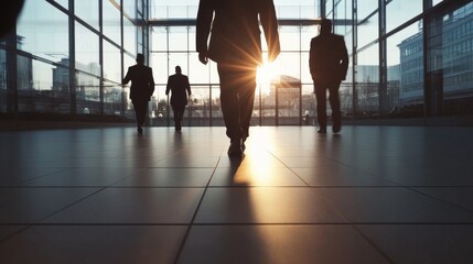 Businessmen walking towards sunset in modern office