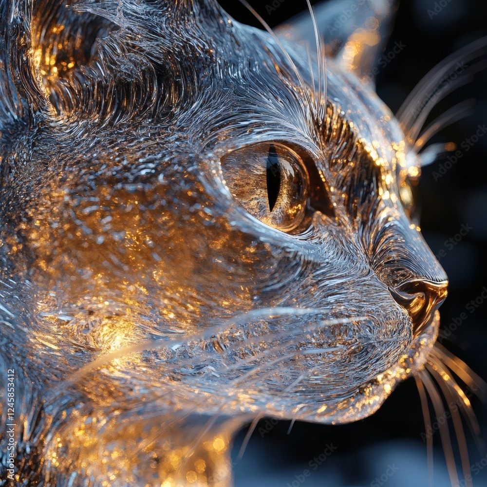 Poster cat intricate patterns metallic surfaces reflecting light if made of ice sharp clear details give se
