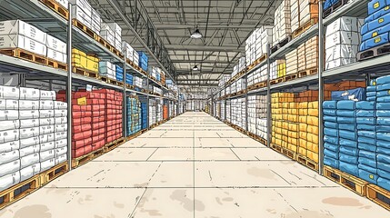 Fototapeta premium Warehouse Interior Rows of Pallets with Cardboard Boxes.