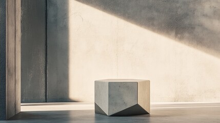 A minimalist pedestal featuring an octahedral prism, providing a unique, angular showcase for product packaging in a modern, artistic setting.