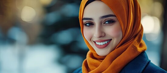 Joyful young Muslim woman with an orange hijab and blue coat smiling confidently against a blurred nature background capturing beauty and warmth