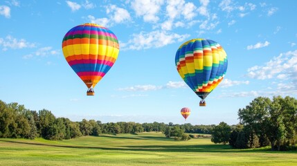 Obraz premium Colorful hot air balloons fly over green field