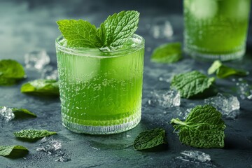 Refreshing green mint beverage garnished with fresh mint leaves and served over ice in a rustic setting