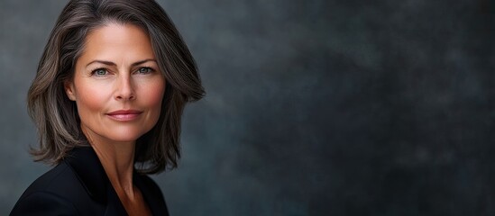 Professional headshot of a poised woman with medium-length gray hair, wearing a black blazer, set against a soft gray background, exuding confidence.