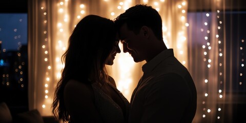 A couple slow dancing at home, fairy lights twinkling in the background