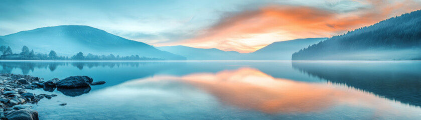 Fototapeta premium serene lake reflecting vibrant sunset hues, surrounded by misty mountains and tranquil atmosphere