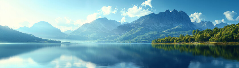 Fototapeta premium Majestic mountains reflected in calm lake under clear blue sky, surrounded by lush greenery