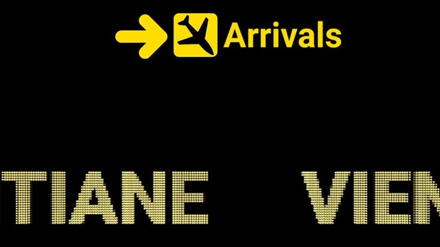 Black Background VIENTIANE Airport&rsquo;s Animated LED Sign Board Shines Bright.  Suitable for YouTube intros, website banners, or corporate videos focused on aviation and global connectivity