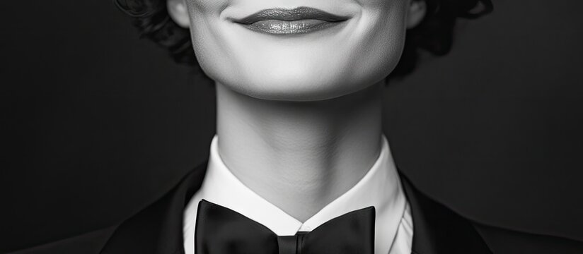 Close up portrait of a confident smiling woman in a tuxedo with a black bow tie against a dark background showcasing a gender transformation theme