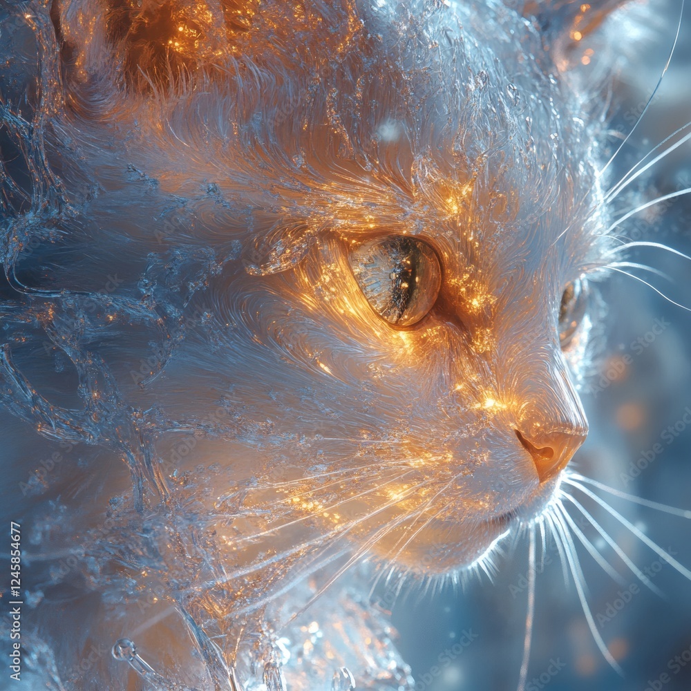 Poster cat intricate patterns metallic surfaces reflecting light if made of ice sharp clear details give se
