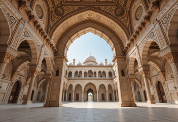 Naklejka premium Arches frame view of a grand structure with domes in a historical courtyard. The bright sunlight illuminates the detailed carvings and open space