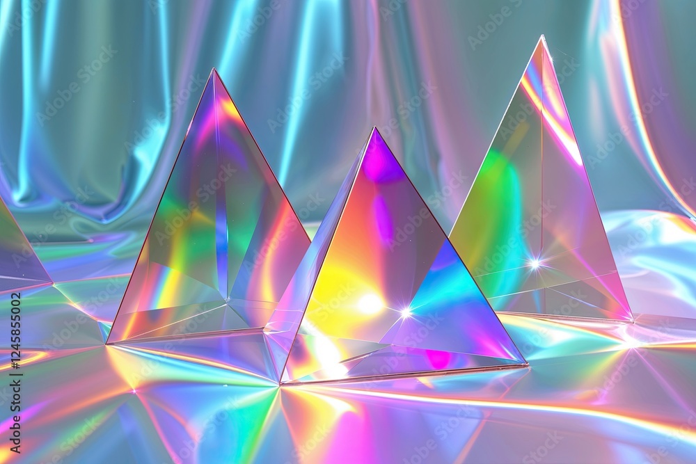 Poster triangular holographic prisms reflecting colorful light spectrum on translucent background