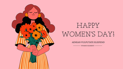 Happy Women's Day greeting card with girl and flowers. Vector illustration.