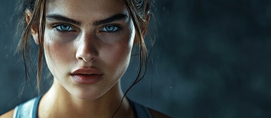 Intense portrait of a focused female athlete with striking blue eyes and a determined expression, set against a dark textured background.