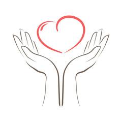 The heart is in the hands of a man. Silhouette line. Love.