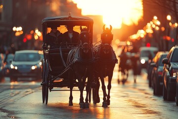 Horse-drawn carriage glides through city streets at sunset with glowing lights and vehicles around