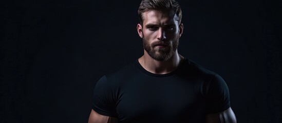 Naklejka premium Confident young man with a beard in a fitted black T-shirt stands strong against a dark background highlighting muscular build and modern flair