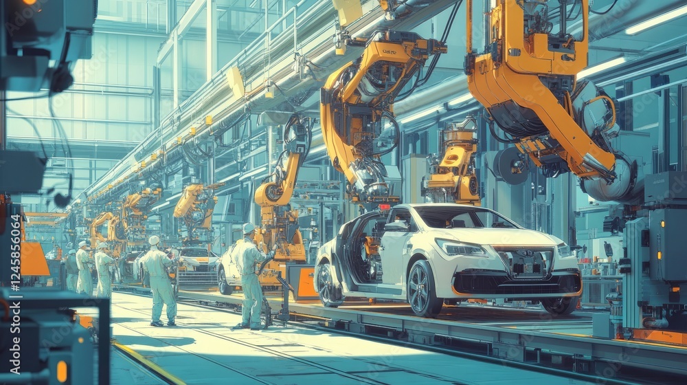 Poster a modern car manufacturing assembly line, with robots and workers assembling vehicles efficiently, c