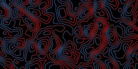 Abstract gradient multicolor on black background with Topographic line map pattern. Topographic canyon geometric map relief texture with curved layers and shadow.