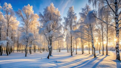 Obraz premium Frozen forest in winter with bare birch trees standing tall amidst a blanket of untouched snow and frosty morn light filtering through the trees', park scenery, winter landscape