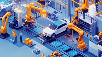 A modern car manufacturing assembly line, with robots and workers assembling vehicles efficiently, capturing the precision of industrial automotive production.