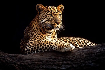 Obraz premium Majestic leopard resting on a tree branch under soft light in a dark environment