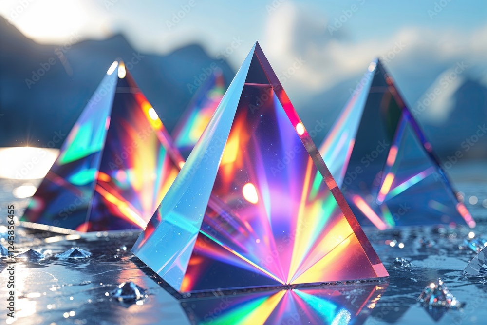 Poster unique triangular holographic prisms displaying spectral light on a crystal-clear background