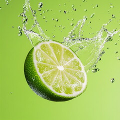 Fresh lime splashes into clear water against a vibrant green backdrop showcasing a burst of citrus and freshness