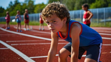 Young athlete prepares for a race on a sunlit track surrounded by fellow competitors