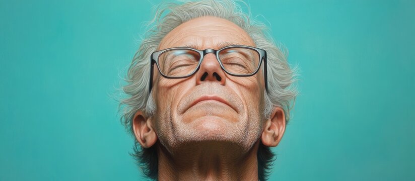 Elderly man with gray hair and glasses gazing upwards against a solid teal background, showcasing a serene and reflective expression.