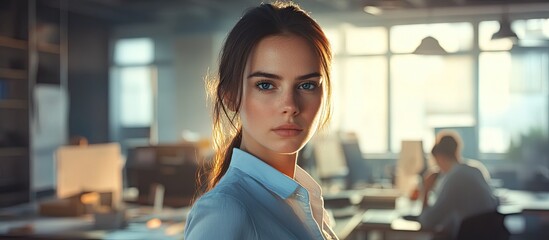 Portrait of focused woman in modern office with soft sunlight illuminating her face while colleagues work in the background creating a dynamic atmosphere