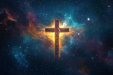 Fototapeta premium An image of a cross floating in the middle of space. Surrounded by stars and galaxies There was a glow from the cross that spread out in a wide area. It conveys sacredness and hope.