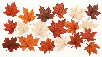 Fototapeta premium A vibrant collection of autumn leaves in various shades of red, orange, and cream, arranged artistically
