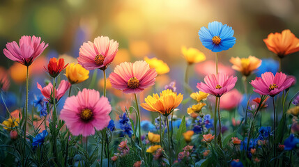 vibrant spring wildflower meadow with colorful blossoms under warm sunlight