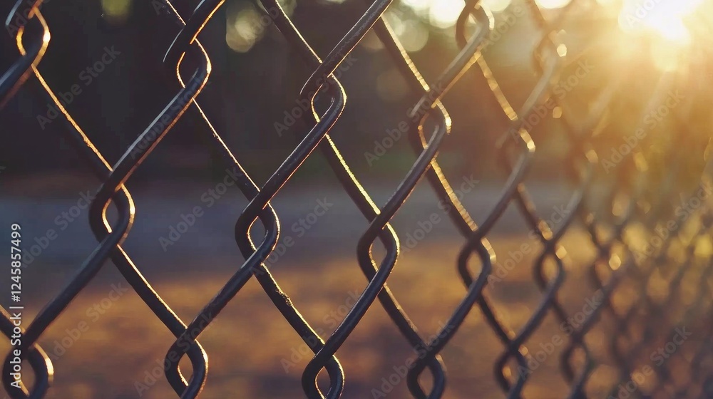 Poster A close-up view of a chain link fence captured during the golden hour, where sunlight filters through, creating delicate patterns and warm hues. The surrounding area is serene at dusk
