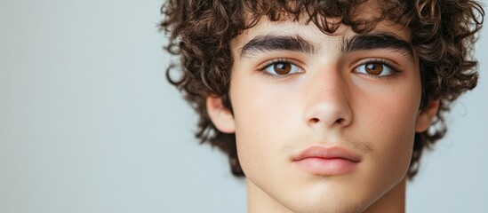 Close-up portrait of a young male with curly dark hair and expressive brown eyes against a neutral gray background, conveying a sense of introspection.