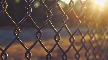 Fototapeta premium A close-up view of a chain link fence captured during the golden hour, where sunlight filters through, creating delicate patterns and warm hues. The surrounding area is serene at dusk