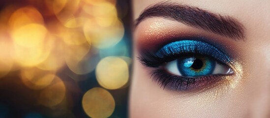 Close-up of a woman's eye featuring vibrant blue eyeshadow and defined brows, with a blurred colorful bokeh background enhancing the beauty effect