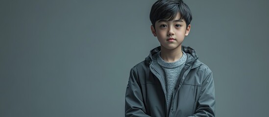 Confident Asian boy in casual grey attire stands in a minimalist gray background highlighting his stylish look with complementary tones and textures.