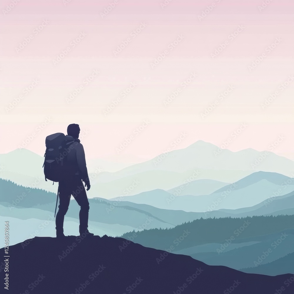 Aufkleber hiker stands on mountain ridge overlooking vast valley during twilight hours. generative ai