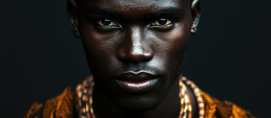 Portrait of an African male wearing an intricate patterned top with dark tones highlighting his intense gaze against a deep black background.