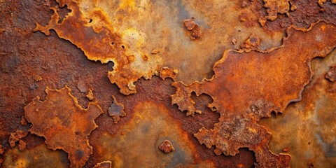 Intricate rust formations on a metal alloy surface with deep red-brown patina and flaky metallic debris scattered around, showing natural aging process , rust, decay