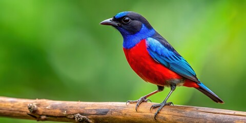 Obraz premium Lovely blue bird with black and red bills perched on a wooden branch over a clean green background
